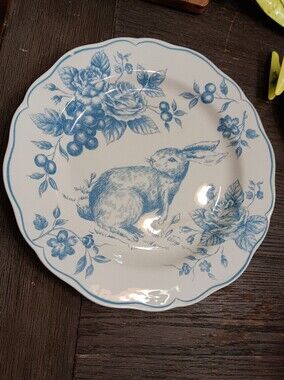 Unk Blue and White Bunny Floral Dinner Plate